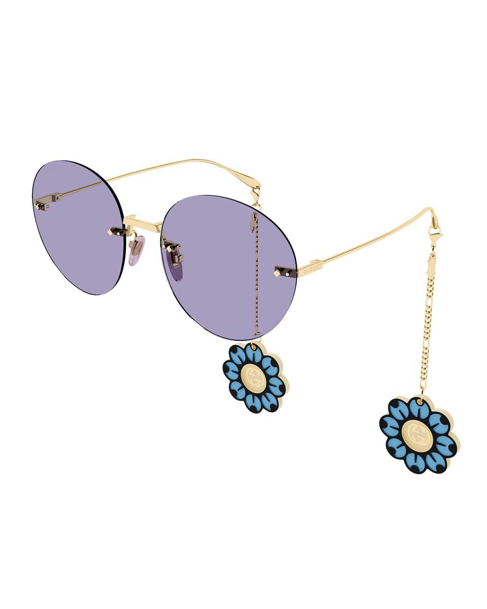 Rimless Round Metal Sunglasses w/ Flower Charms
